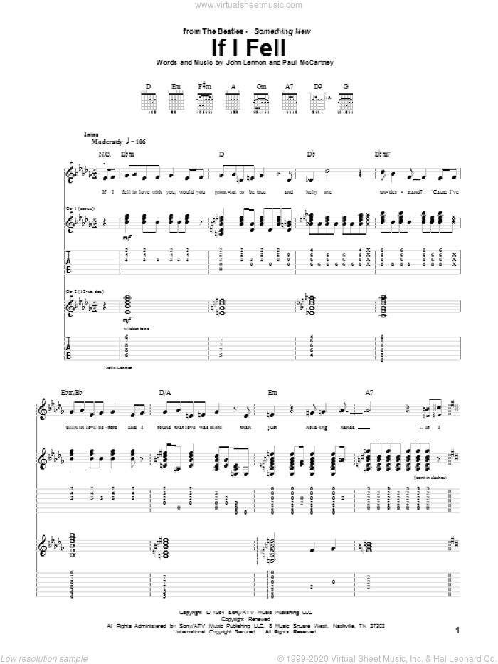 If I Fell sheet music for guitar (tablature) by The Beatles, John Lennon and Paul McCartney, intermediate skill level