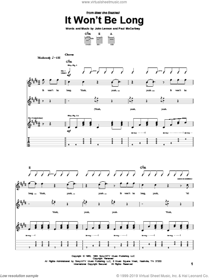 It Won't Be Long sheet music for guitar (tablature) by The Beatles, John Lennon and Paul McCartney, intermediate skill level