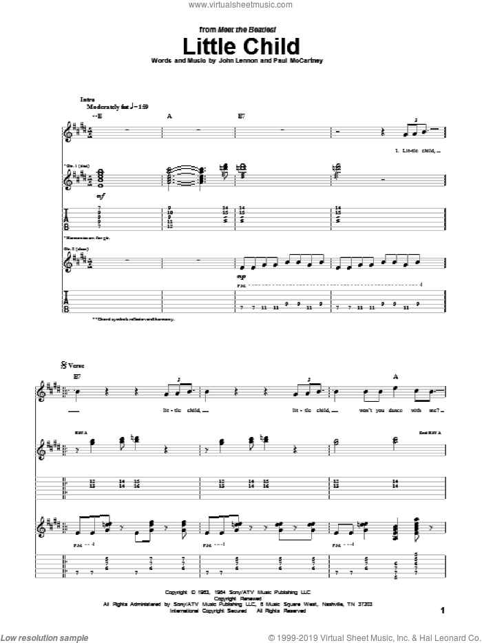 Little Child sheet music for guitar (tablature) by The Beatles, John Lennon and Paul McCartney, intermediate skill level