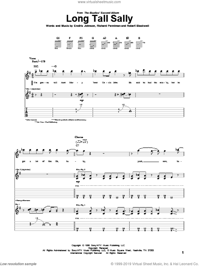 Long Tall Sally sheet music for guitar (tablature) by The Beatles, Little Richard, Pat Boone, Enotris Johnson, Richard Penniman and Robert Blackwell, intermediate skill level