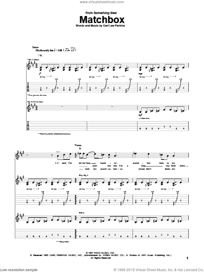 Matchbox sheet music for guitar (tablature) by The Beatles and Carl Perkins, intermediate skill level