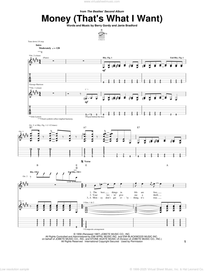 Money (That's What I Want) sheet music for guitar (tablature) by The Beatles, Barrett Strong, Berry Gordy and Janie Bradford, intermediate skill level