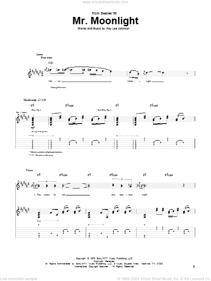 Mr. Moonlight sheet music for guitar (tablature) by The Beatles and Roy Lee Johnson, intermediate skill level