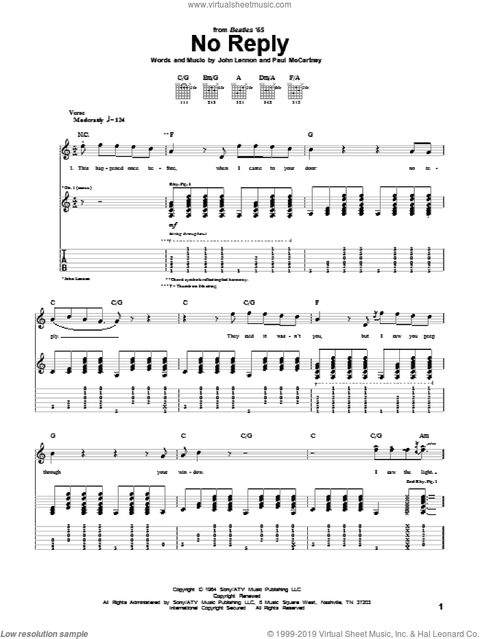 No Reply sheet music for guitar (tablature) by The Beatles, John Lennon and Paul McCartney, intermediate skill level