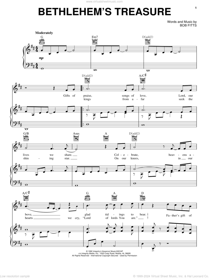 Bethlehem's Treasure sheet music for voice, piano or guitar by Bob Fitts, intermediate skill level