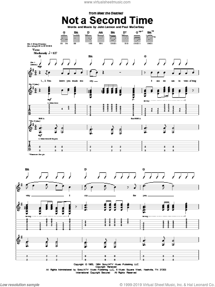 Not A Second Time sheet music for guitar (tablature) by The Beatles, John Lennon and Paul McCartney, intermediate skill level
