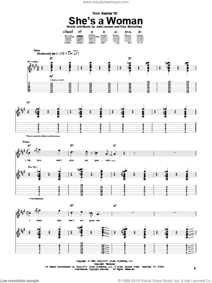 She's A Woman sheet music for guitar (tablature) by The Beatles, John Lennon and Paul McCartney, intermediate skill level