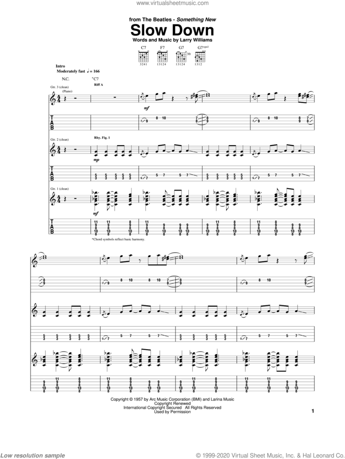 Slow Down sheet music for guitar (tablature) by The Beatles and Larry Williams, intermediate skill level