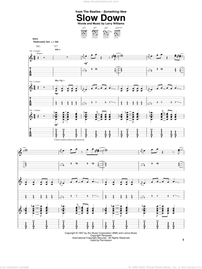 Slow Down sheet music for guitar (tablature) by The Beatles and Larry Williams, intermediate skill level