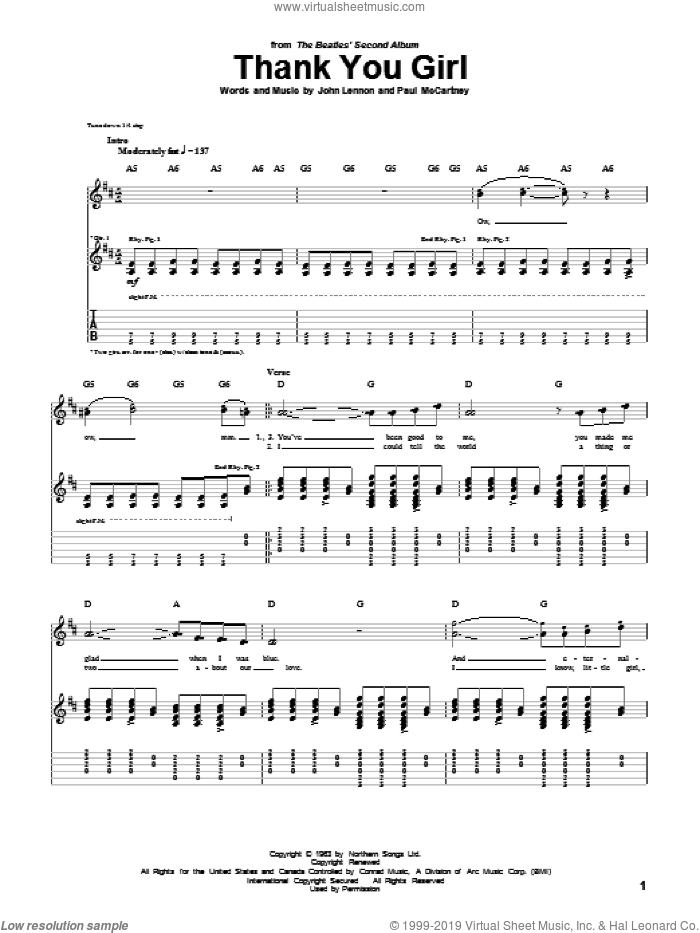 Thank You Girl sheet music for guitar (tablature) by The Beatles, John Lennon and Paul McCartney, intermediate skill level