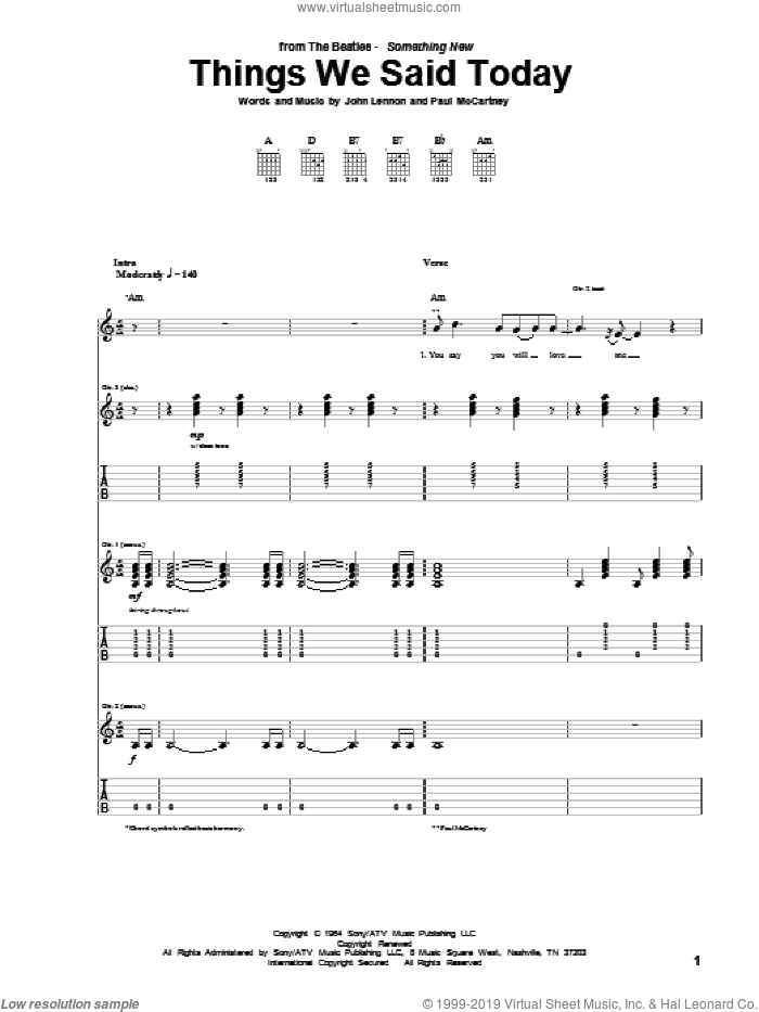 Things We Said Today sheet music for guitar (tablature) by The Beatles, John Lennon and Paul McCartney, intermediate skill level