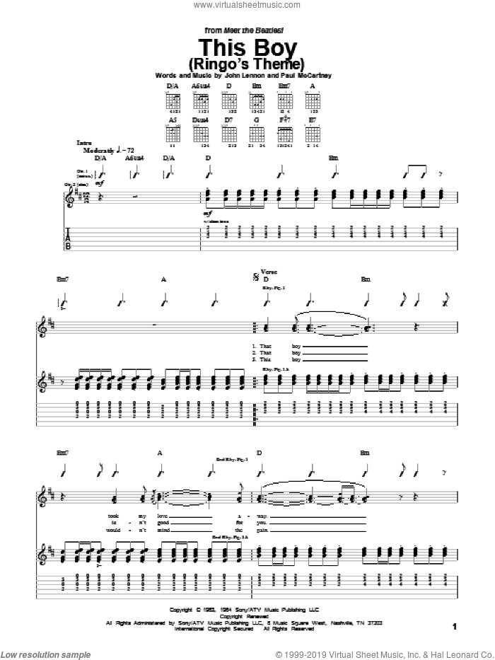 This Boy (Ringo's Theme) sheet music for guitar (tablature) by The Beatles, John Lennon and Paul McCartney, intermediate skill level