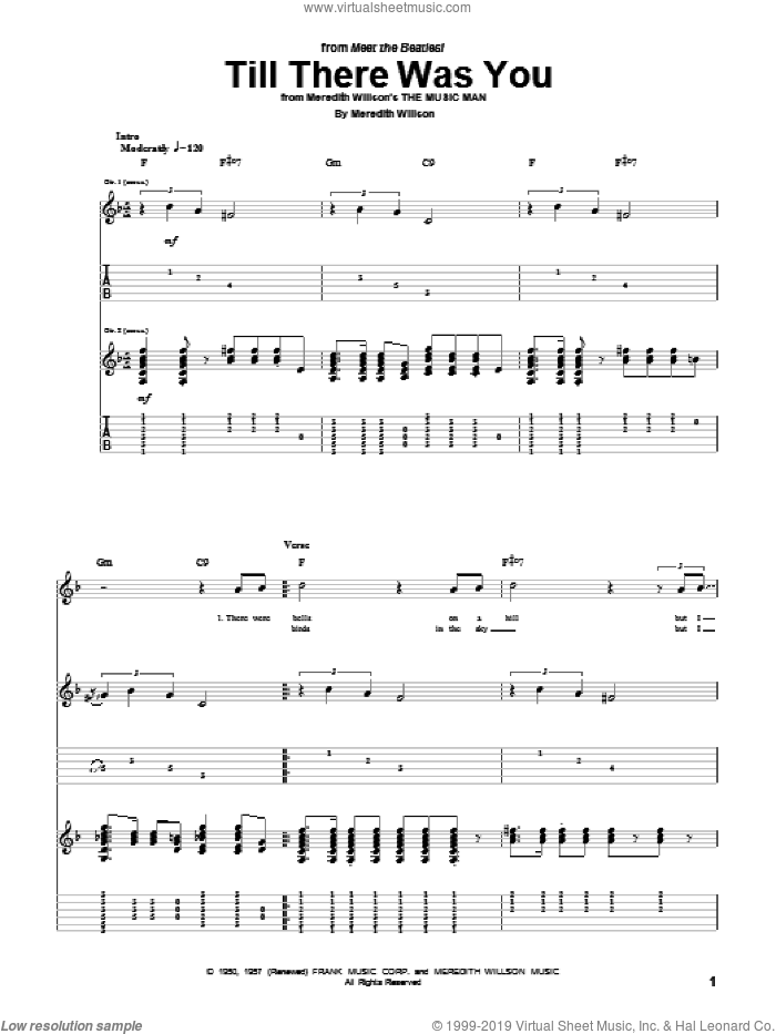 Till There Was You sheet music for guitar (tablature) by The Beatles and Meredith Willson, wedding score, intermediate skill level