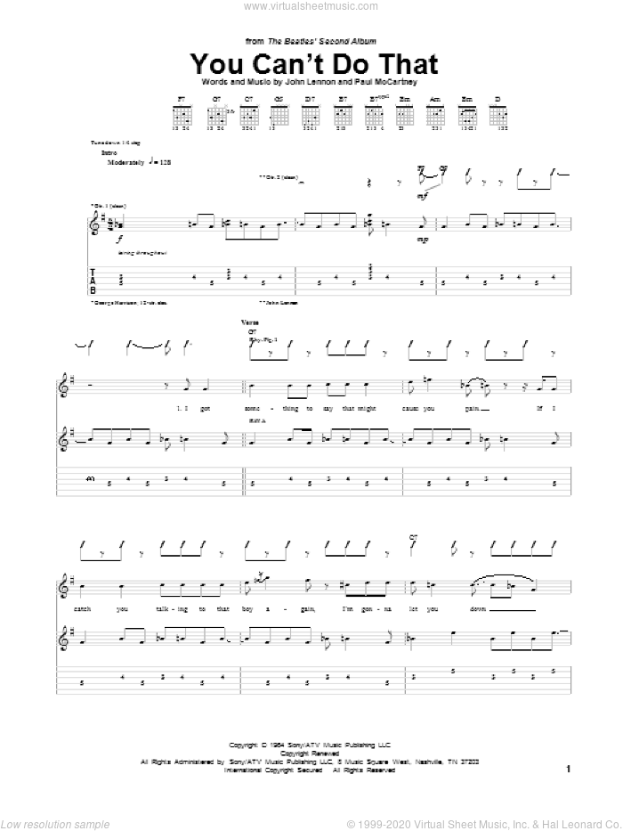 You Can't Do That sheet music for guitar (tablature) by The Beatles, John Lennon and Paul McCartney, intermediate skill level