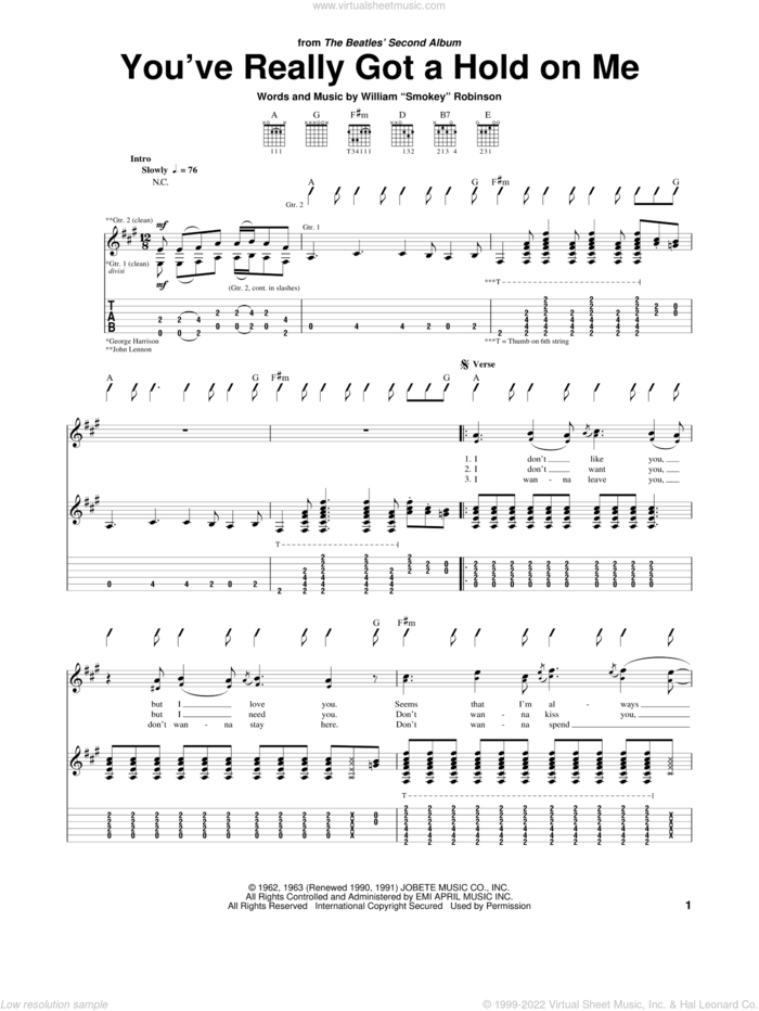 You've Really Got A Hold On Me sheet music for guitar (tablature) by The Beatles, Smokey Robinson & The Miracles and The Miracles, intermediate skill level