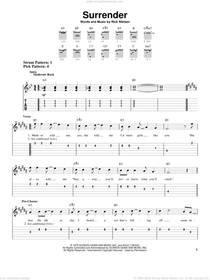 Surrender sheet music for guitar solo (easy tablature) by Cheap Trick and Rick Nielsen, easy guitar (easy tablature)