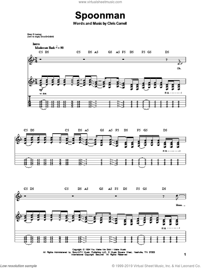 Spoonman sheet music for guitar (tablature, play-along) by Soundgarden and Chris Cornell, intermediate skill level