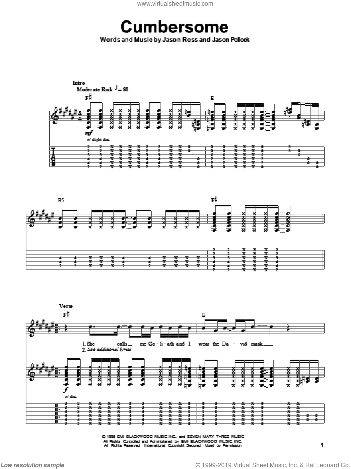 Cumbersome sheet music for guitar (tablature, play-along) by Seven Mary Three, Jason Pollock and Jason Ross, intermediate skill level