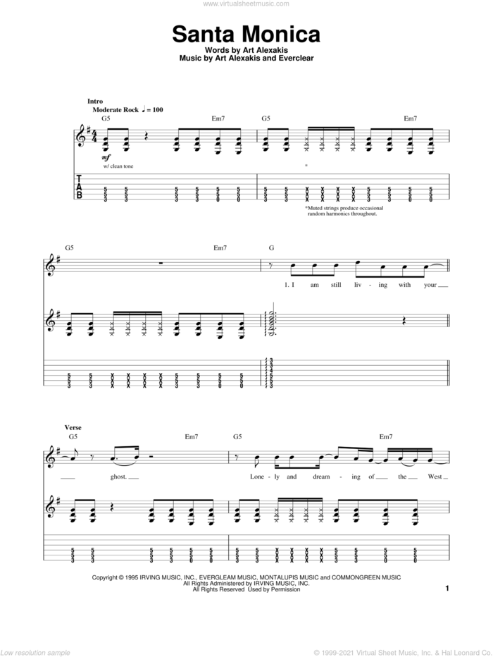 Santa Monica sheet music for guitar (tablature, play-along) by Everclear and Art Alexakis, intermediate skill level