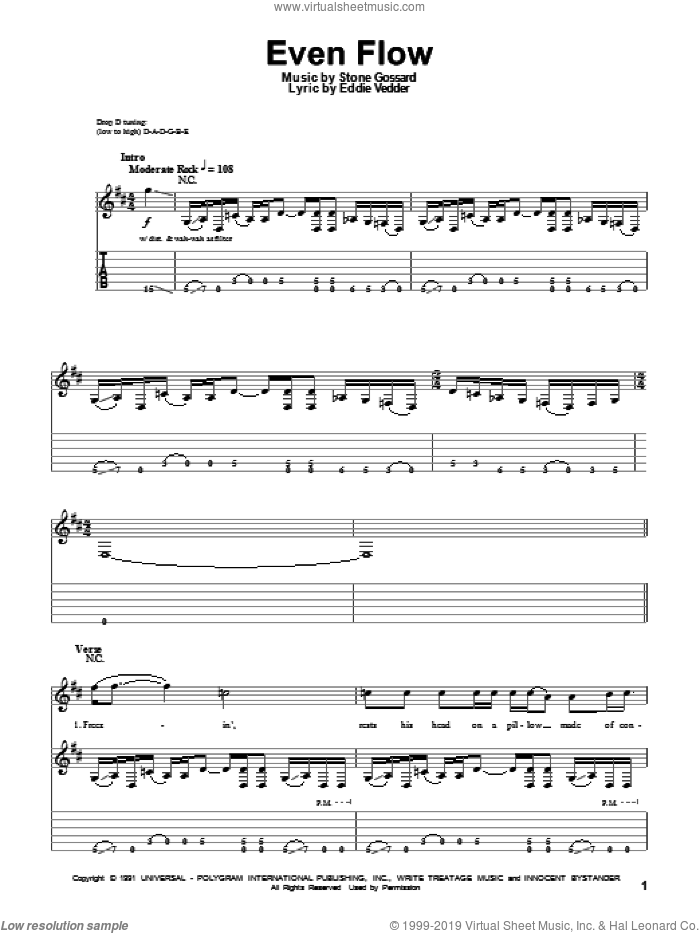 Even Flow sheet music for guitar (tablature, play-along) by Pearl Jam, Eddie Vedder and Stone Gossard, intermediate skill level