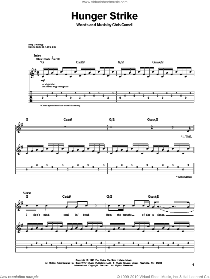 Hunger Strike sheet music for guitar (tablature, play-along) by Temple Of The Dog, Pearl Jam and Chris Cornell, intermediate skill level