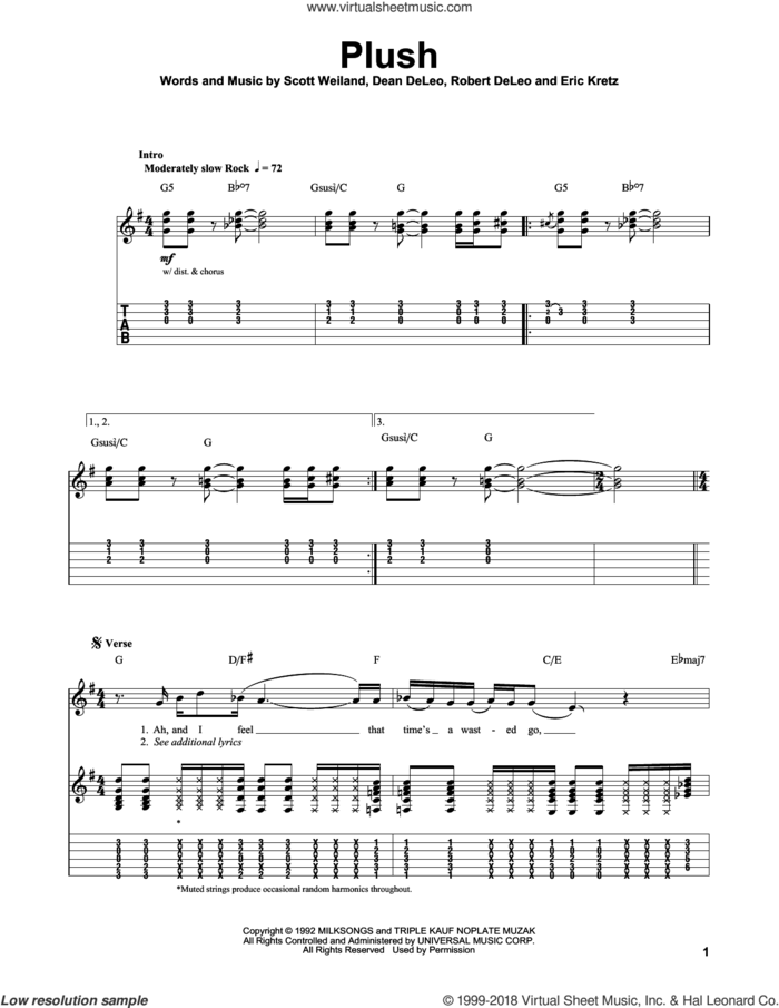 Plush sheet music for guitar (tablature, play-along) by Stone Temple Pilots, Dean DeLeo, Eric Kretz, Robert DeLeo and Scott Weiland, intermediate skill level
