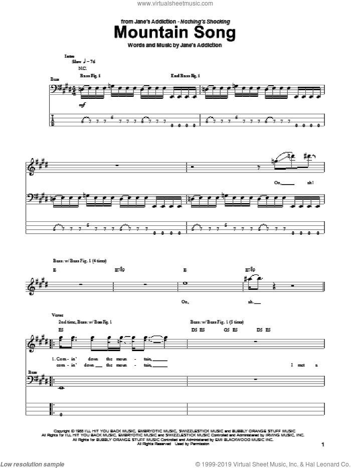 Mountain Song sheet music for bass (tablature) (bass guitar) by Jane's Addiction, intermediate skill level