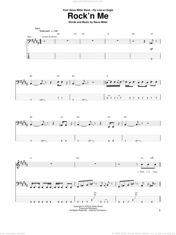 Rock'n Me sheet music for bass (tablature) (bass guitar) by Steve Miller Band and Steve Miller, intermediate skill level