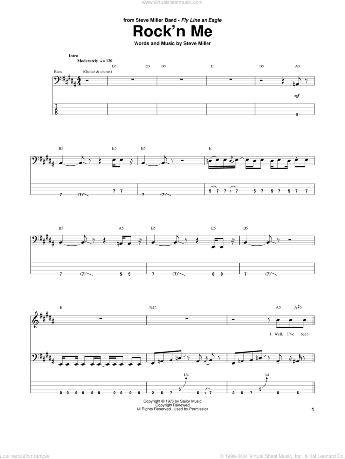 Rock'n Me sheet music for bass (tablature) (bass guitar) by Steve Miller Band and Steve Miller, intermediate skill level