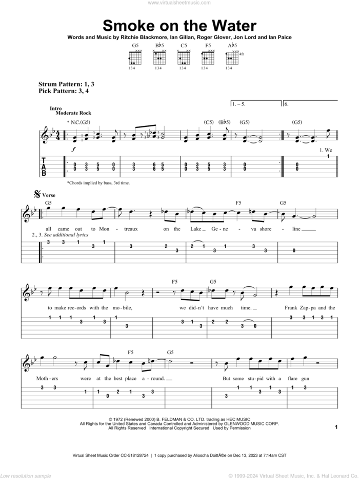 Smoke On The Water sheet music for guitar solo (easy tablature) by Deep Purple, Ian Gillan, Ian Paice, Jon Lord, Ritchie Blackmore and Roger Glover, easy guitar (easy tablature)