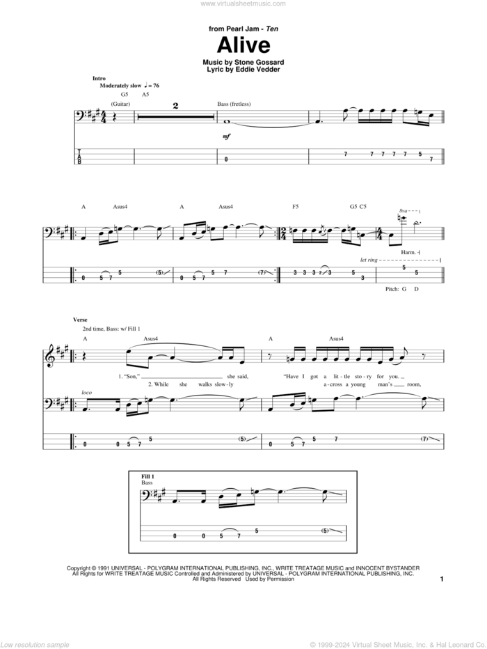 Alive sheet music for bass (tablature) (bass guitar) by Pearl Jam, Eddie Vedder and Stone Gossard, intermediate skill level