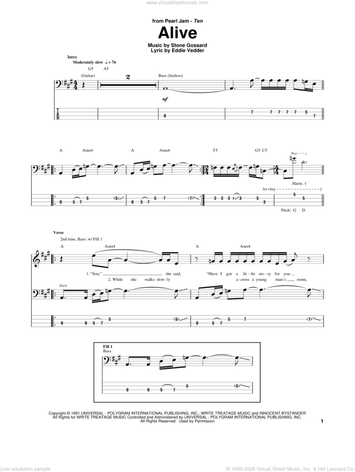 Alive sheet music for bass (tablature) (bass guitar) by Pearl Jam, Eddie Vedder and Stone Gossard, intermediate skill level