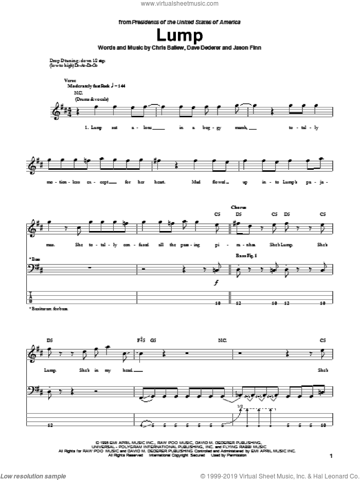 Lump sheet music for bass (tablature) (bass guitar) by Presidents Of The United States Of America, Chris Ballew, Dave Dederer and Jason Finn, intermediate skill level
