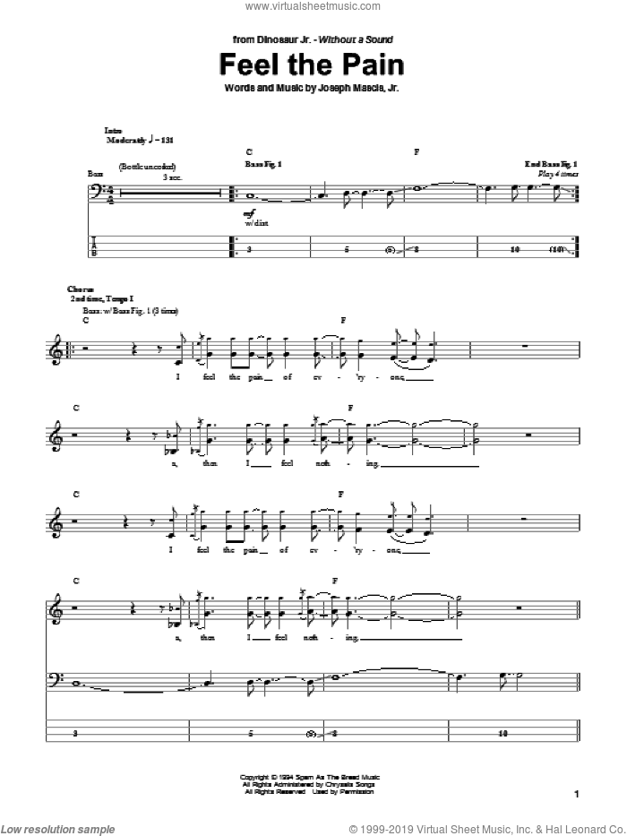 Feel The Pain sheet music for bass (tablature) (bass guitar) by Dinosaur Jr. and Joseph Mascis, intermediate skill level