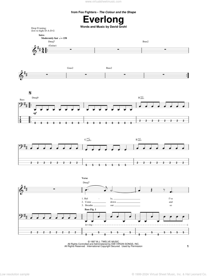 Everlong sheet music for bass (tablature) (bass guitar) by Foo Fighters and Dave Grohl, intermediate skill level