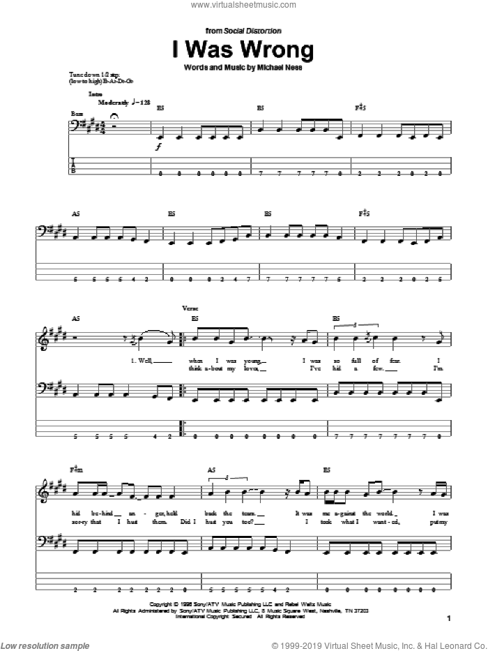 I Was Wrong sheet music for bass (tablature) (bass guitar) by Social Distortion and Michael Ness, intermediate skill level