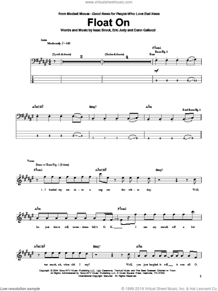Float On sheet music for bass (tablature) (bass guitar) by Modest Mouse, Dann Gallucci, Eric Judy and Isaac Brock, intermediate skill level