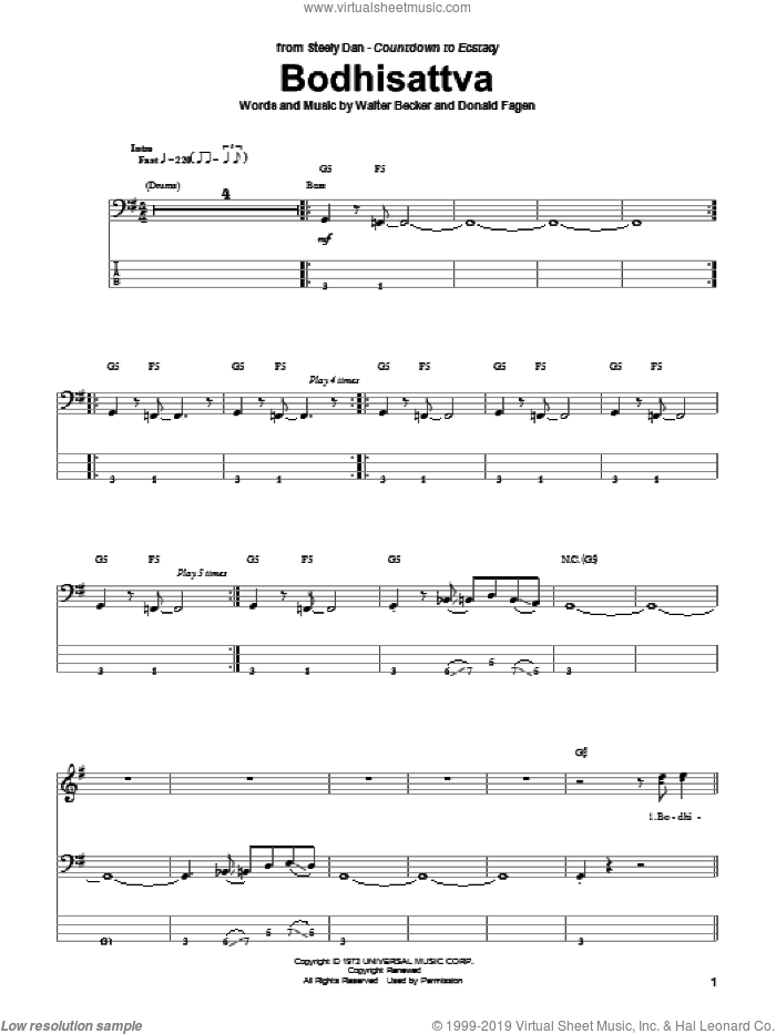 Bodhisattva sheet music for bass (tablature) (bass guitar) by Steely Dan, Donald Fagen and Walter Becker, intermediate skill level