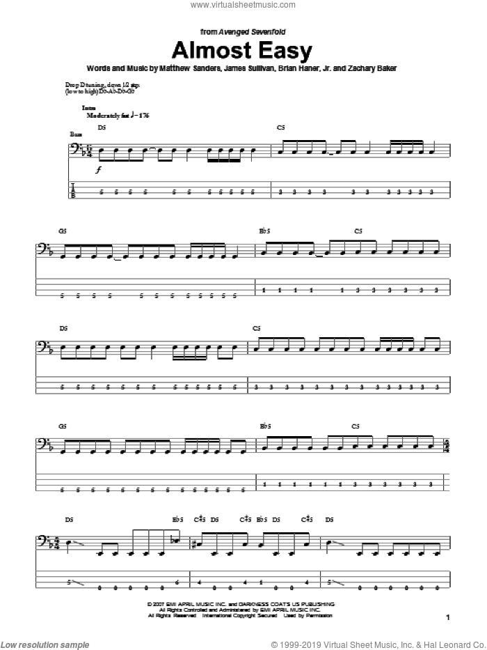 Almost Easy sheet music for bass (tablature) (bass guitar) by Avenged Sevenfold, Brian Haner, Jr., James Sullivan, Matthew Sanders and Zachary Baker, intermediate skill level