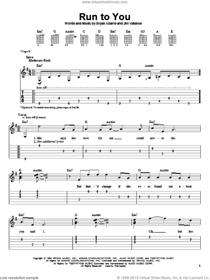 Run To You sheet music for guitar solo (easy tablature) by Bryan Adams and Jim Vallance, easy guitar (easy tablature)