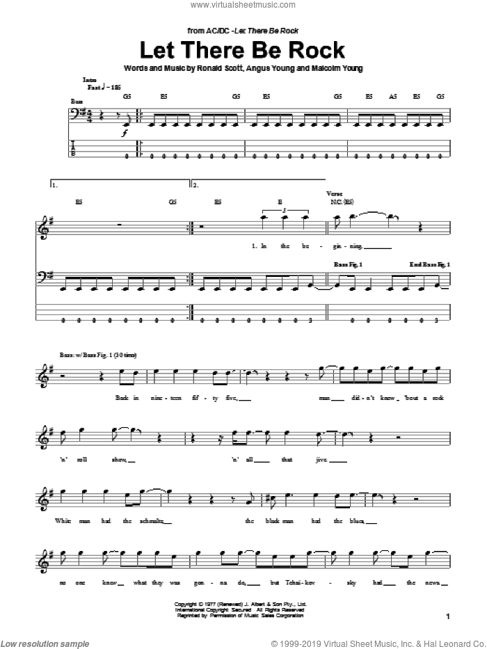 Let There Be Rock sheet music for bass (tablature) (bass guitar) by AC/DC, Angus Young, Malcolm Young and Ronnie Scott, intermediate skill level