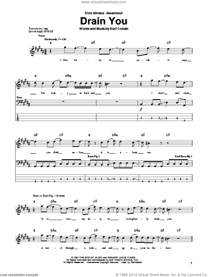 Drain You sheet music for bass (tablature) (bass guitar) by Nirvana and Kurt Cobain, intermediate skill level