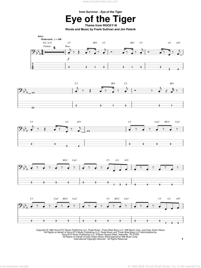 Eye Of The Tiger sheet music for bass (tablature) (bass guitar) by Survivor, Frank Sullivan and Jim Peterik, intermediate skill level