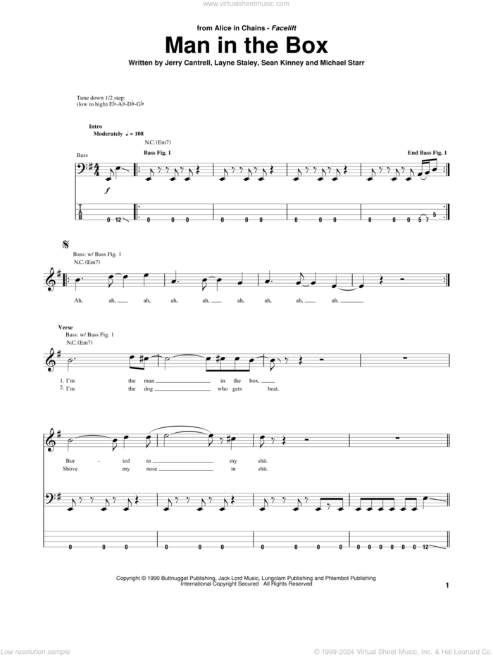 Man In The Box sheet music for bass (tablature) (bass guitar) by Alice In Chains, Jerry Cantrell, Layne Staley, Michael Starr and Sean Kinney, intermediate skill level