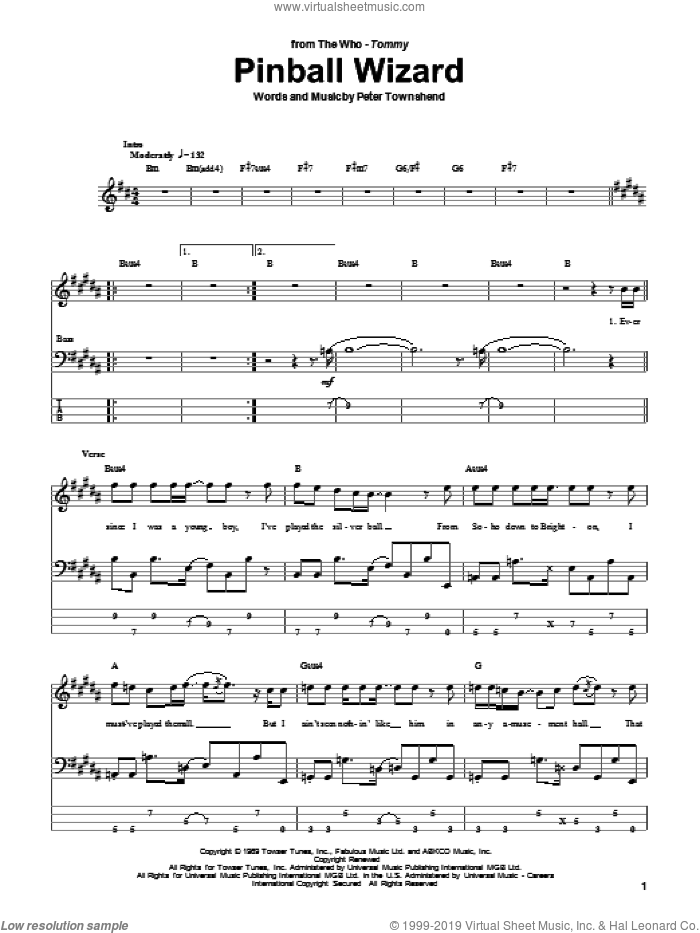 Pinball Wizard sheet music for bass (tablature) (bass guitar) by The Who and Pete Townshend, intermediate skill level