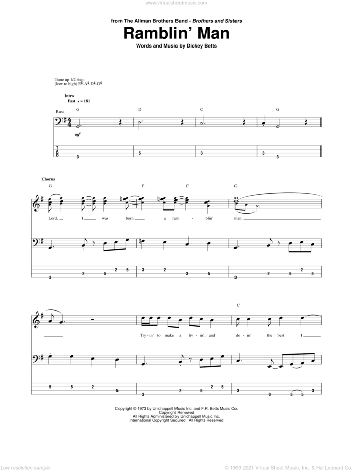 Ramblin' Man sheet music for bass (tablature) (bass guitar) by Allman Brothers Band, The Allman Brothers Band and Dickey Betts, intermediate skill level