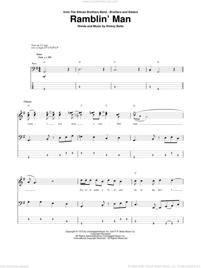 Ramblin' Man sheet music for bass (tablature) (bass guitar) by Allman Brothers Band, The Allman Brothers Band and Dickey Betts, intermediate skill level