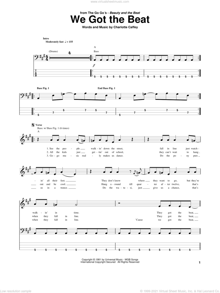 We Got The Beat sheet music for bass (tablature) (bass guitar) by The Go Go's and Charlotte Caffey, intermediate skill level