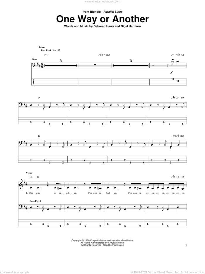 One Way Or Another sheet music for bass (tablature) (bass guitar) by Blondie, Deborah Harry and Nigel Harrison, intermediate skill level