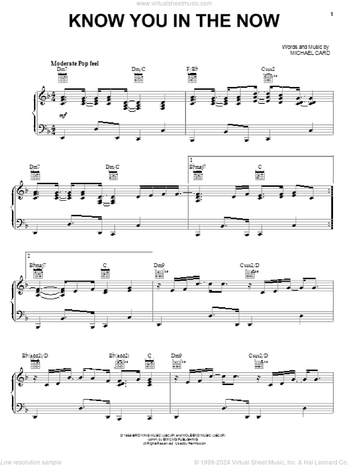 Know You In The Now sheet music for voice, piano or guitar by Michael Card, intermediate skill level